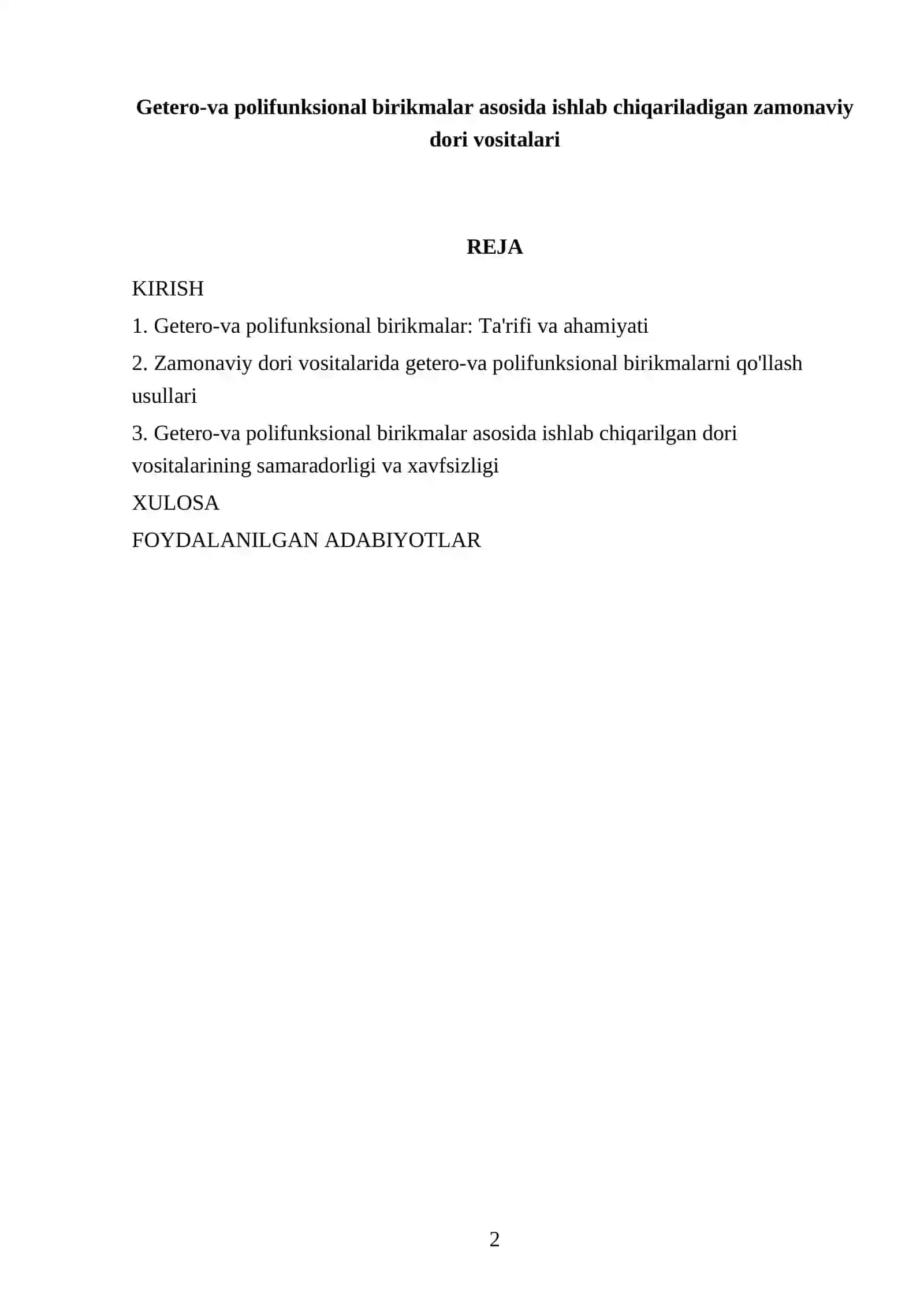 Getero-va polifunksional birikmalar asosida ishlab chiqariladigan zamonaviy dori vositalari 2