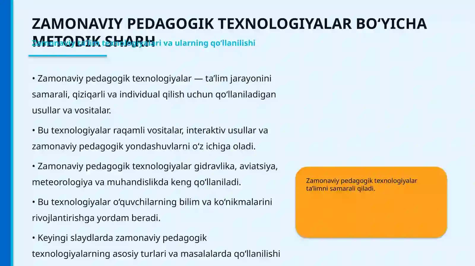 ZAMONAVIY PEDAGOGIK TEXNOLOGIYALAR BO‘YICHA METODIK SHARH 2