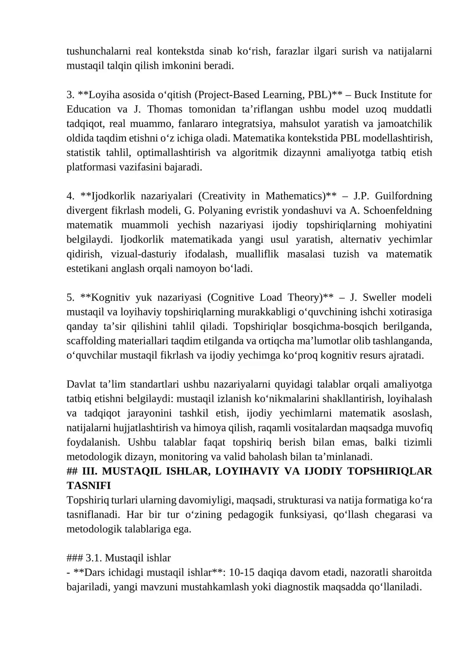 MUSTAQIL ISHLARNI TASHKIL ETISH, LOYIHAVIY VA IJODIY TOPSHIRIQLAR 2
