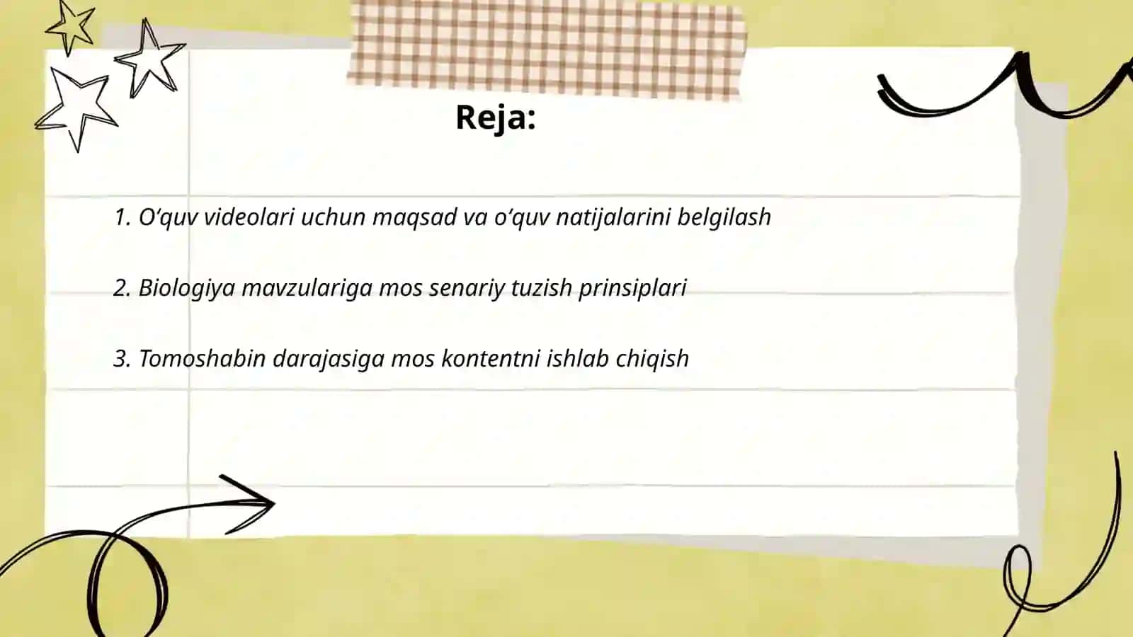 Biologiya boʻyicha oʻquv videolarining senariylarini ishlab chiqish va suratga olish 2