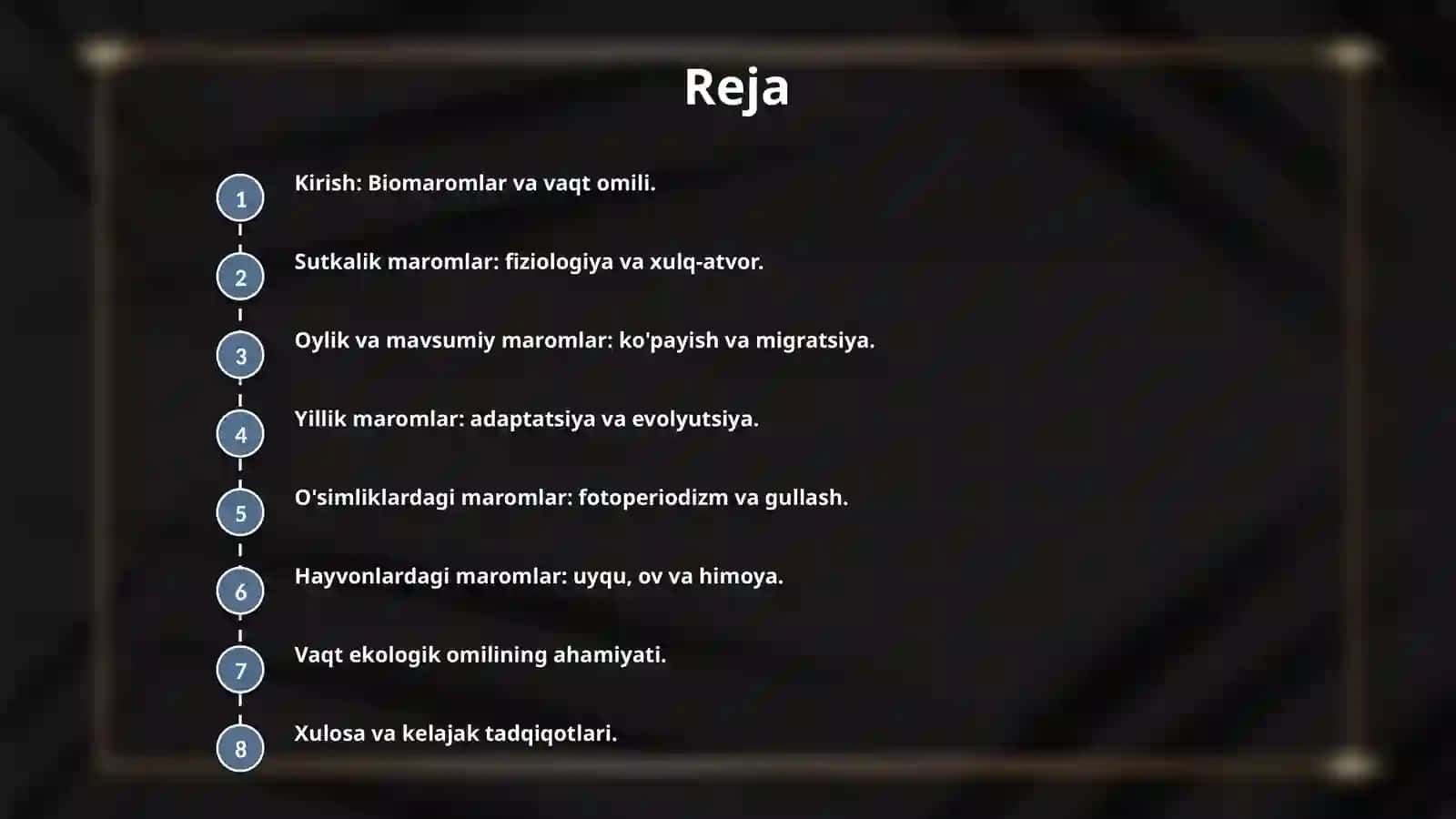 Biomaromlar va tirik organizmlarning hayotiy shakllari. Vaqt ekologik omili. O'simlik va hayvonlardagi sutkalik, oylik va yillik maromlari. 2