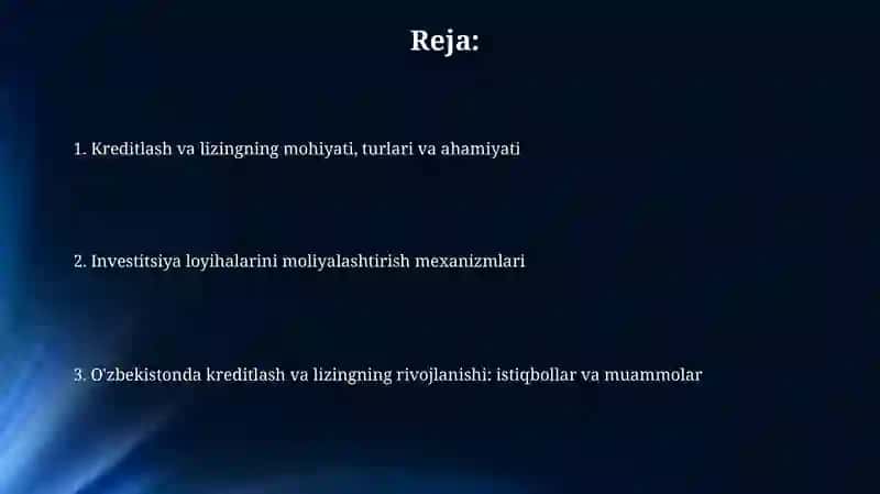 Investitsiya faoliyatini kreditlash va lizing mexanizmi 2