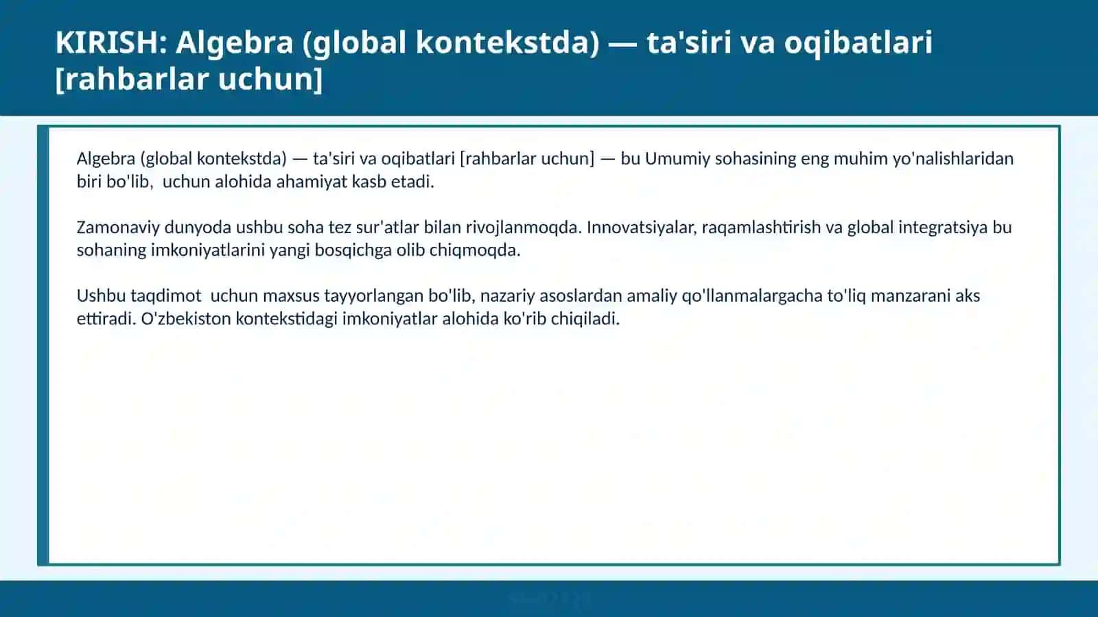 Algebra (global kontekstda) — ta'siri va oqibatlari [rahbarlar uchun] 2