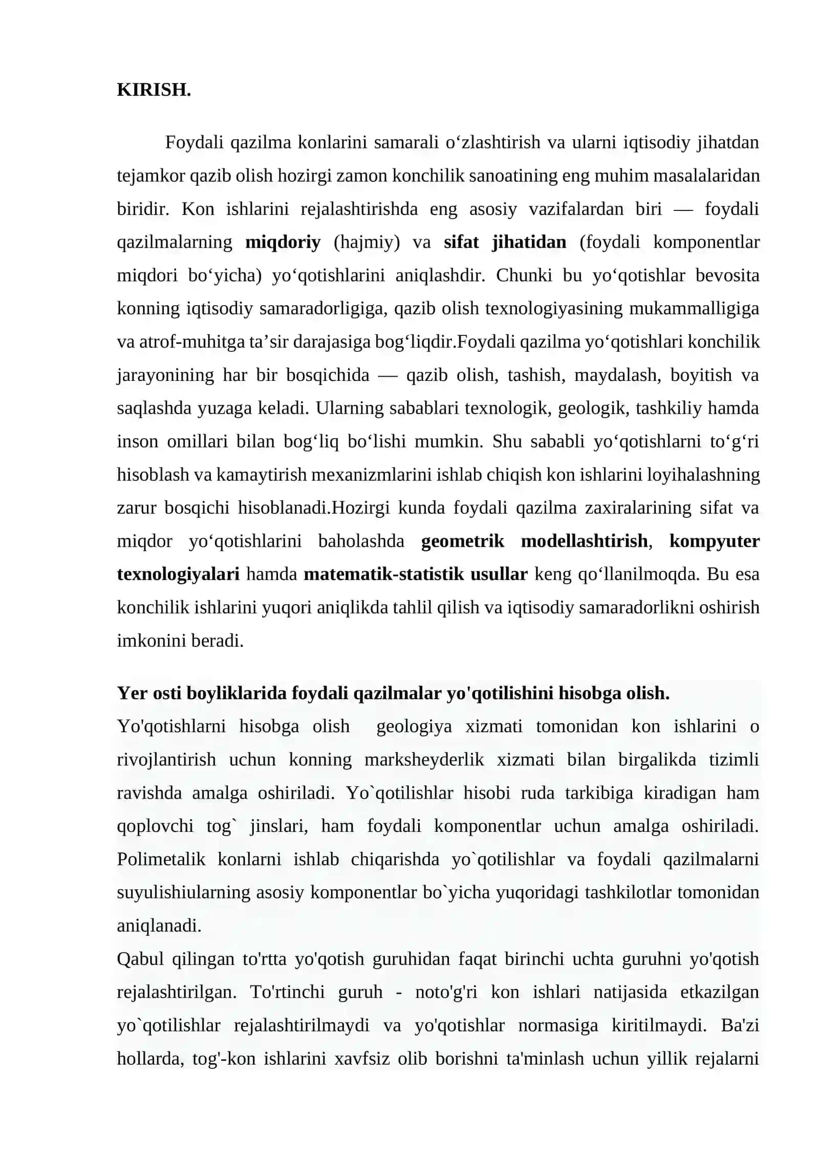 Foydali qazilmalarning miqdor va sifat jihatidan yo'qotishlarini, hisoblab olish 2