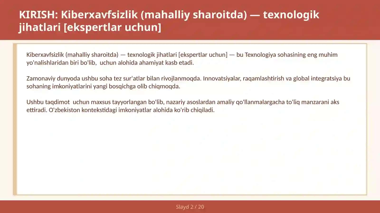 KIBERXAVFSIZLIK (MAHALLIY SHAROITDA) — TEXNOLOGIK JIHATLARI [EKSPERTLAR UCHUN] 2