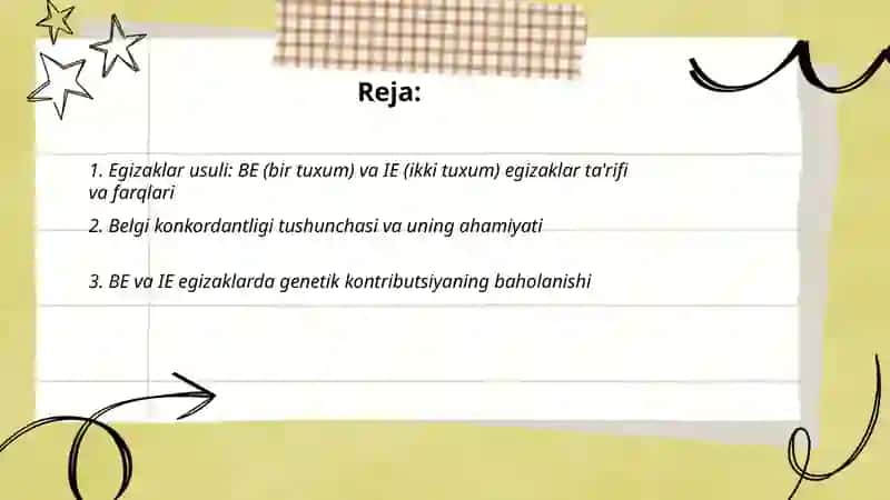 Egizaklar usuli.Bir(BE) va ikki tuxum hujayrali (IE) egizaklarda uchraydigan belgilarning konkordantligi 2