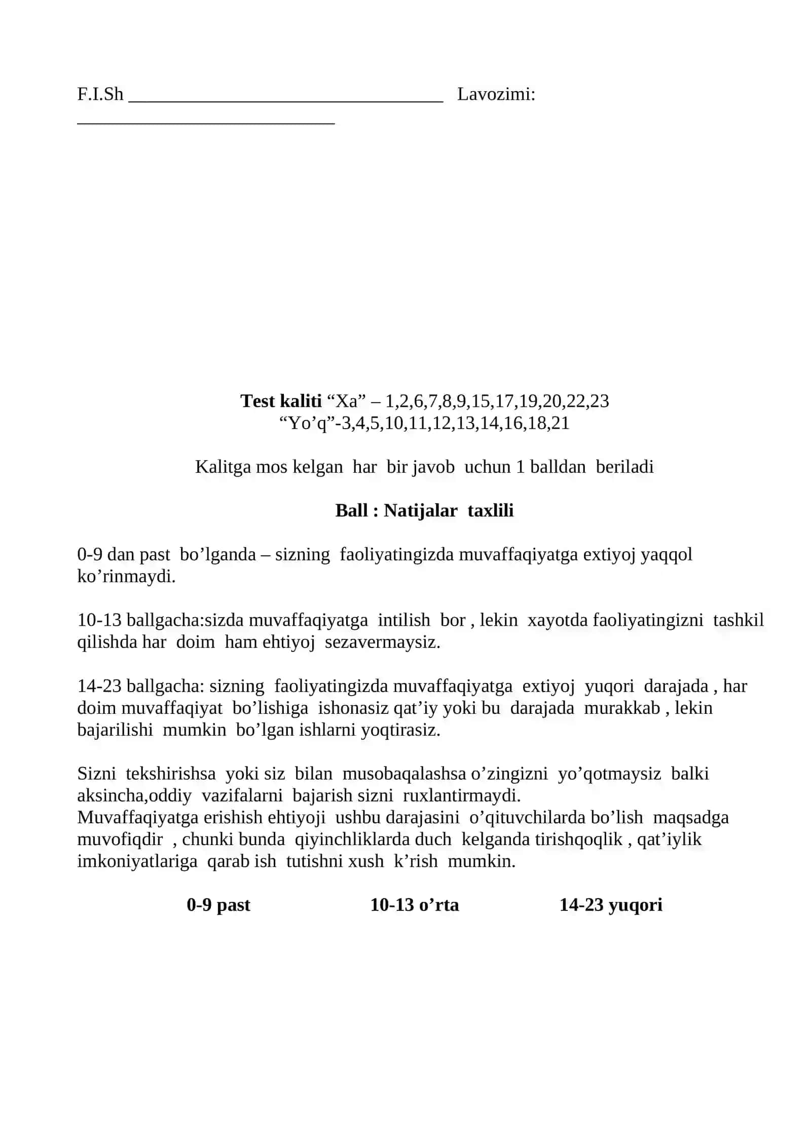 O’qituvchilarning kasbiy yo’nalganliginini va pedagog  faoliyat motivatsiyasini  aniqlash  testi 2