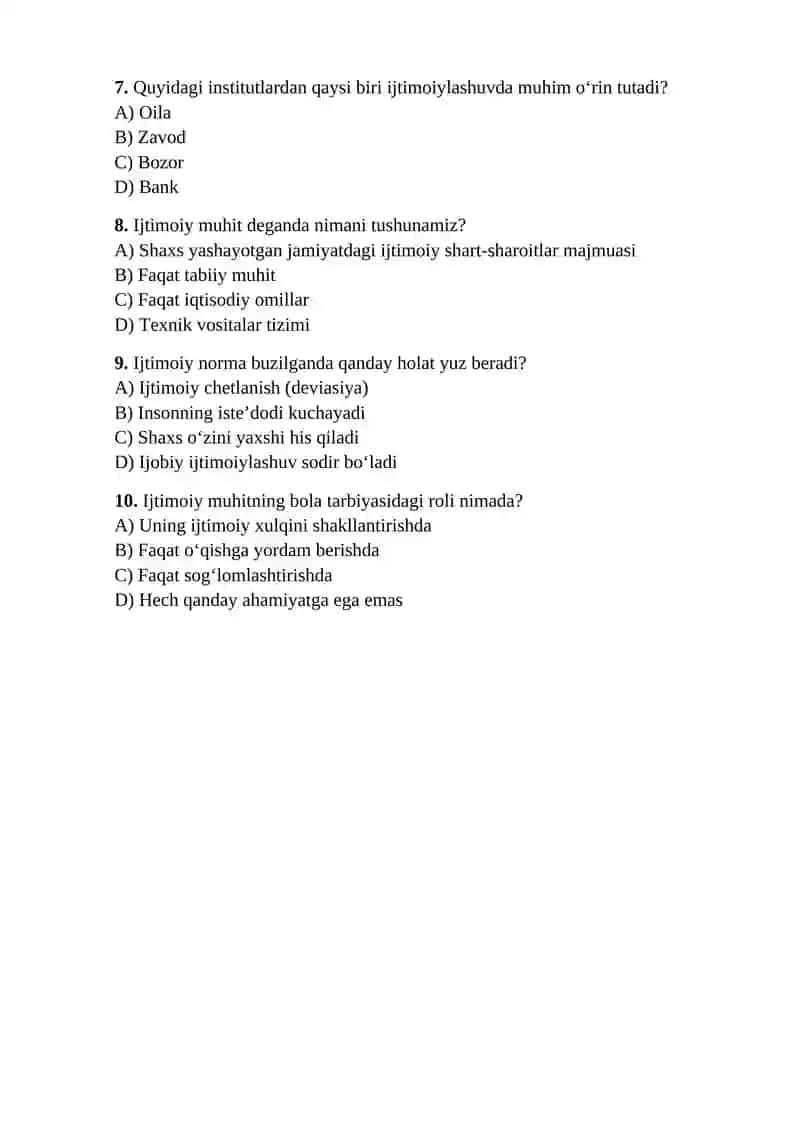 Ijtimoiylashuv Test savollari 2