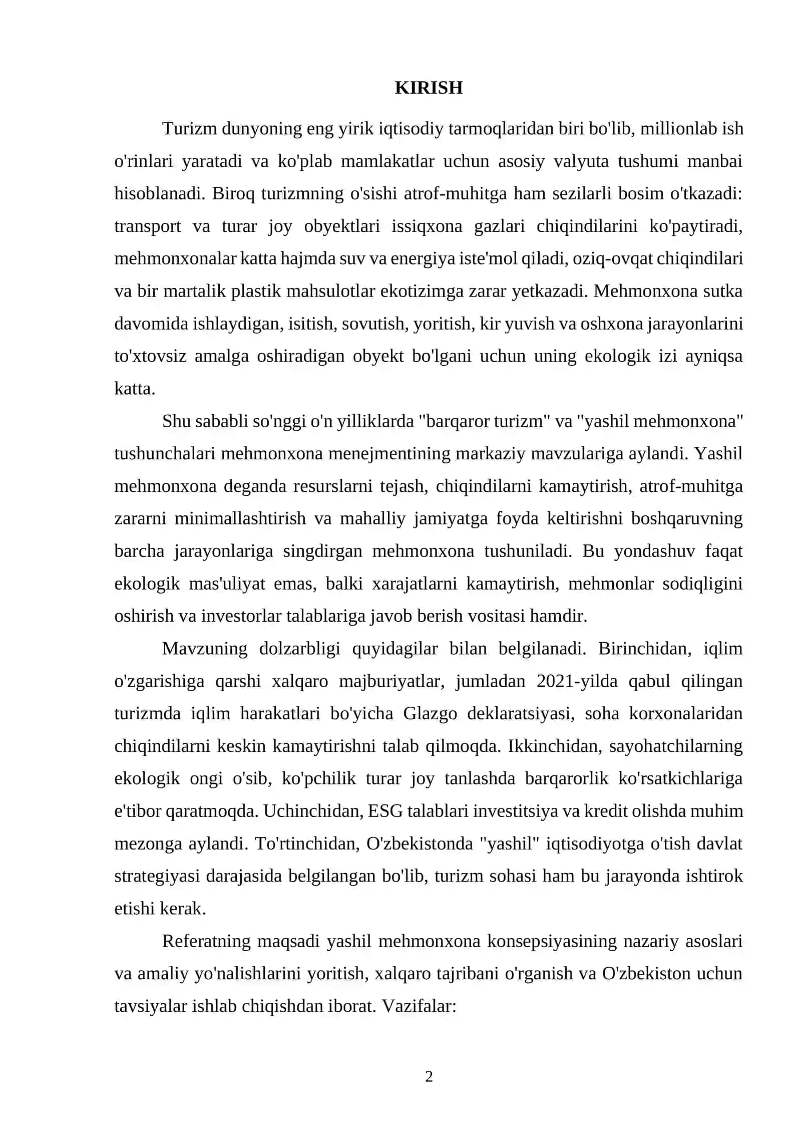 Barqaror turizm va ekologik mehmonxona boshqaruvi: "yashil mehmonxona" konsepsiyasi 2