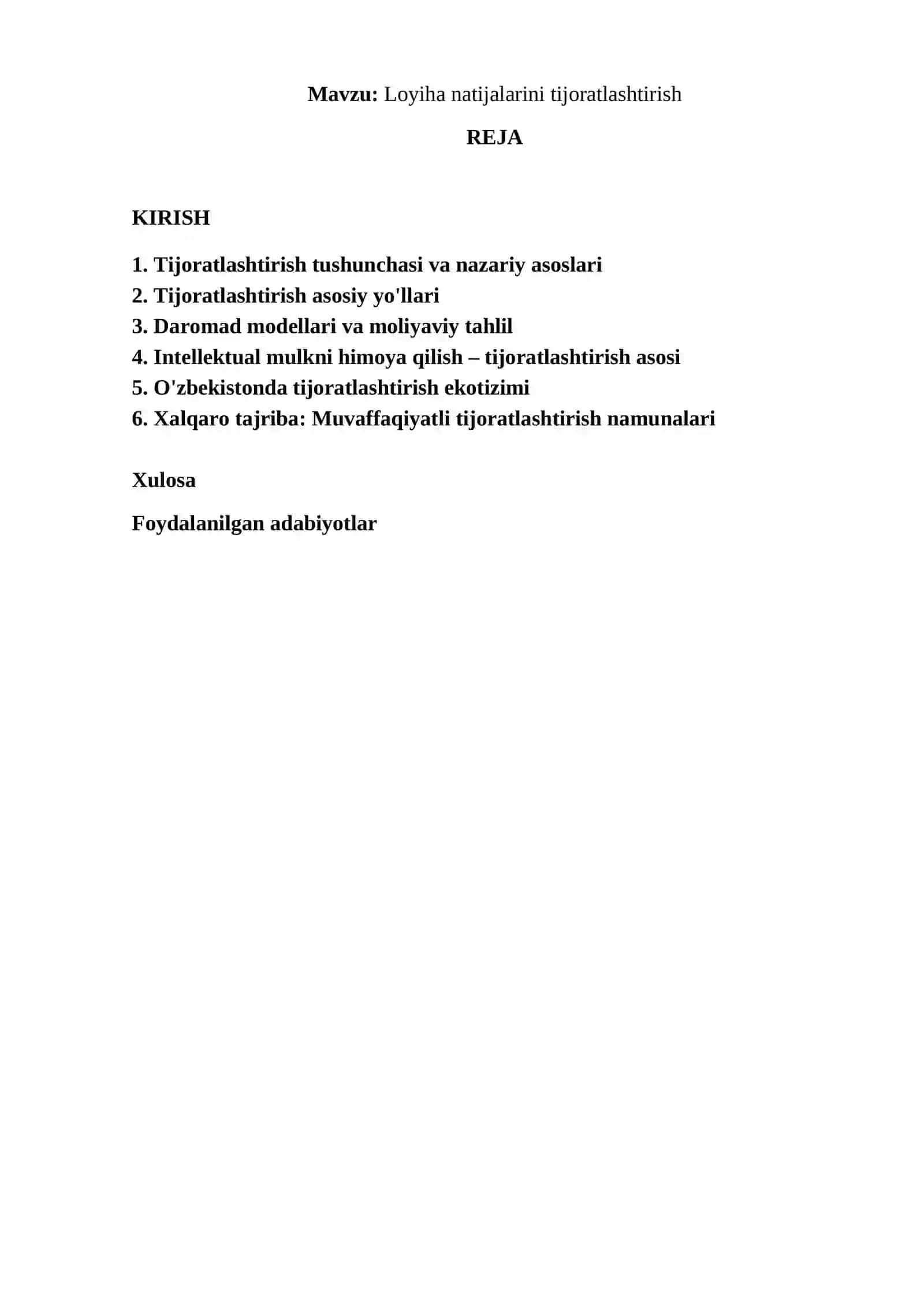 "LOYIHA NATIJALARINI TIJORATLASHTIRISH" 2