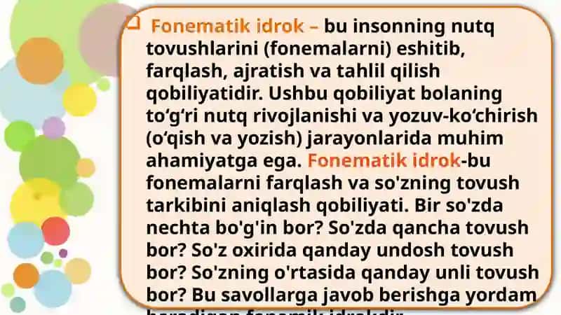 Fonematik idrok ustida ishlash uchun nutqiy material tanlash va tartibga solishga tavsif. 2