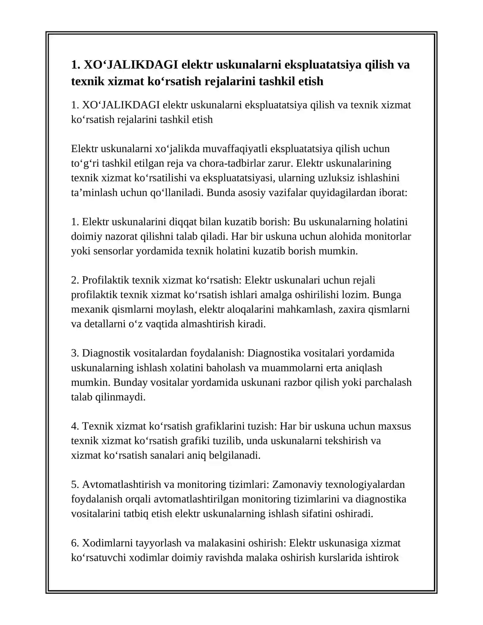 XO‘JALIKDAGI ELEKTR USKUNALARDAN FOYDALANISH VA TA’MIRLASHNI TASHKIL ETISH 2