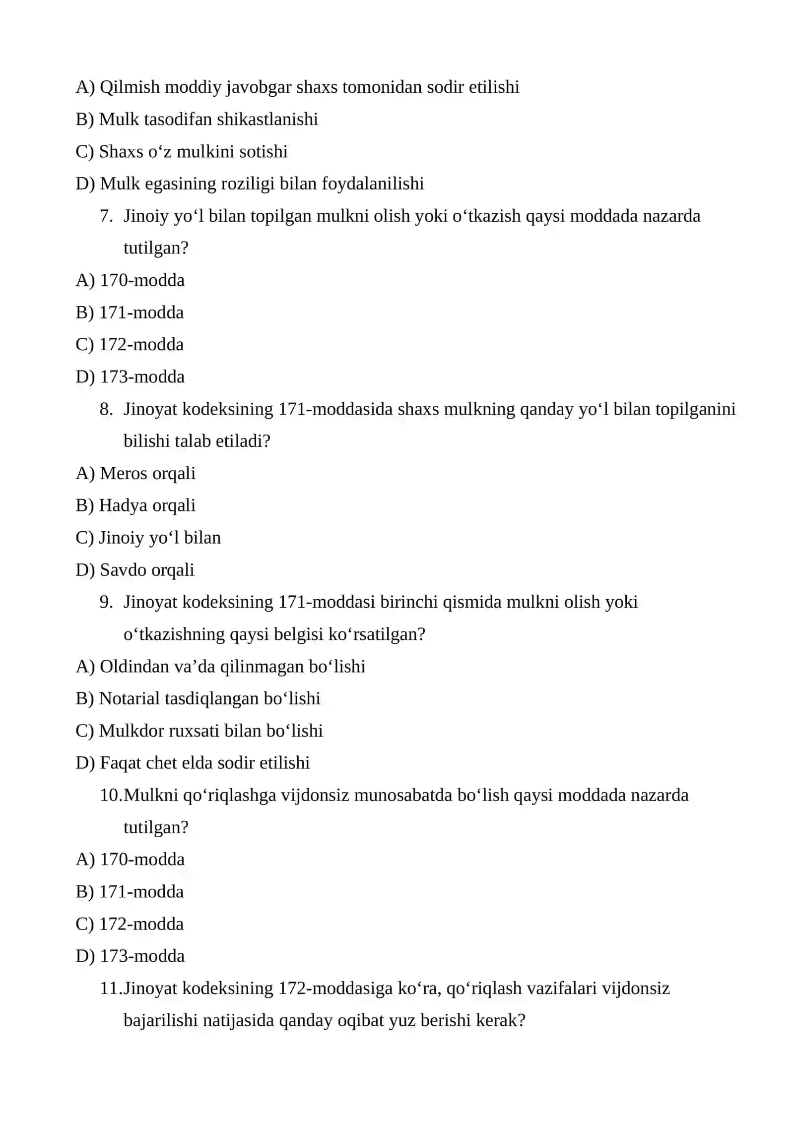 Oʻzgalar mulkini talon-toroj qilish bilan bogʻliq boʻlmagan jinoyatlar test 2