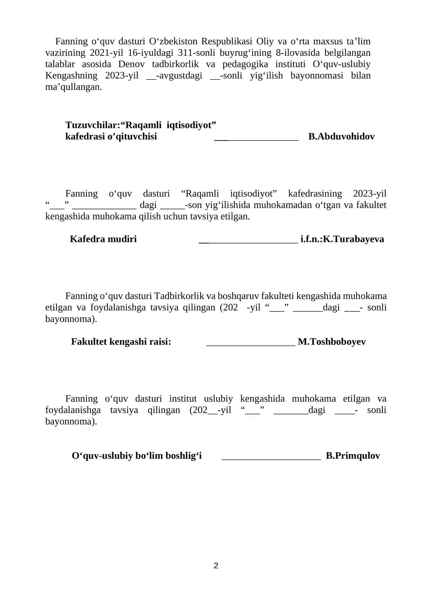 FANINING OʻQUV DASTURI 2