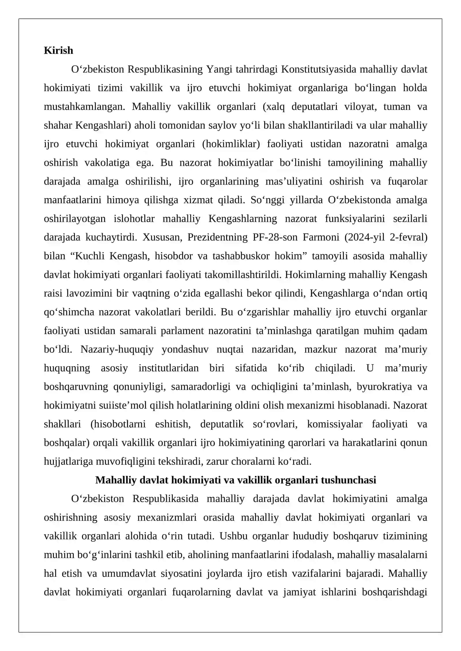 Mahalliy davlat hokimiyati organlari faoliyati ustidan vakillik organlari nazorati (nazariy-huquqiy yondashuv) 2