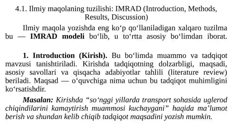 Akademik maqolao'zish: IMRAD modeli asosida 2