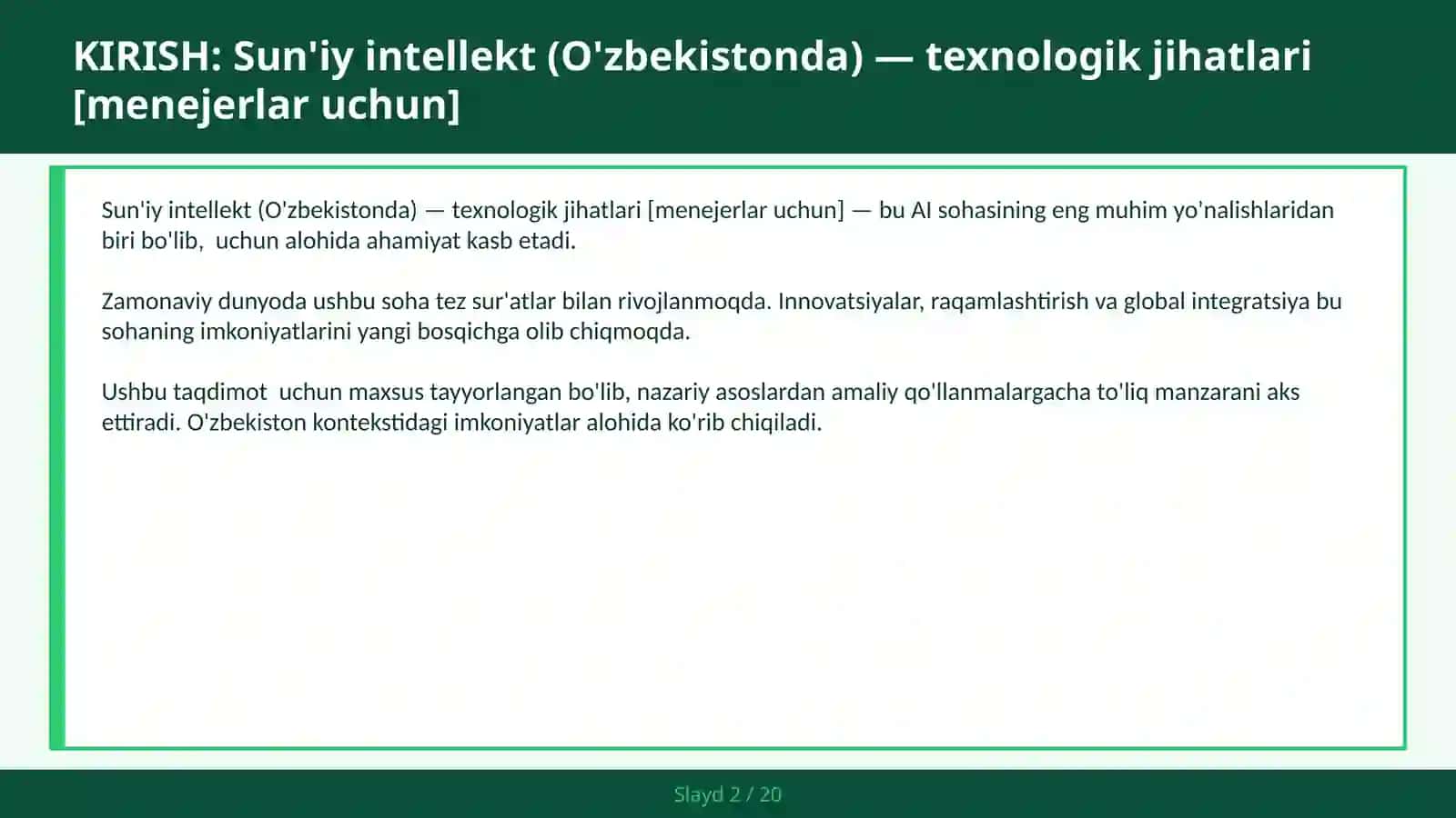 Sun'iy intellekt (O'zbekistonda) — texnologik jihatlari [menejerlar uchun] 2