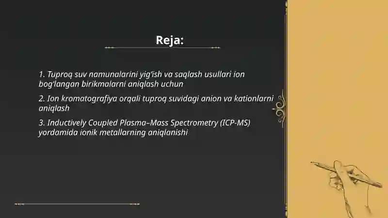 Tuproq suvining ifloslanishida ion boglanishli birikmalarni aniqlash 2