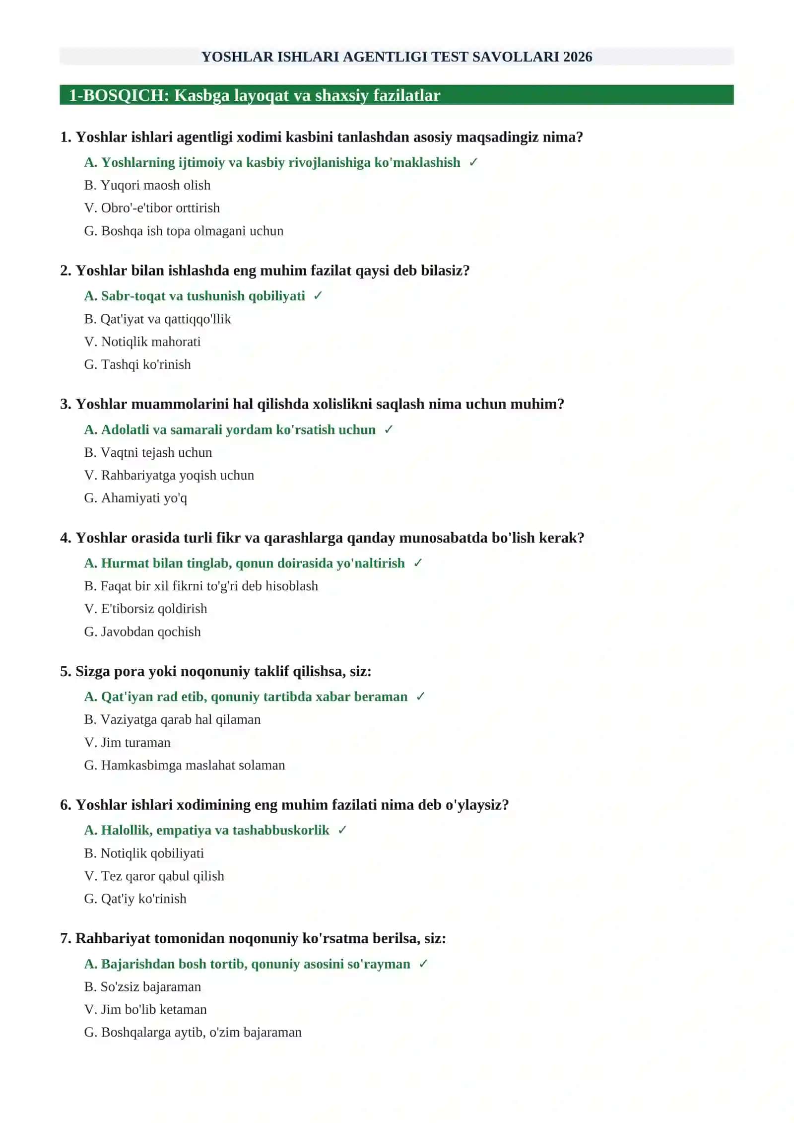 YOSHLAR ISHLARI AGENTLIGI ISHGA KIRISH UCHUN
TEST SAVOLLARI 2