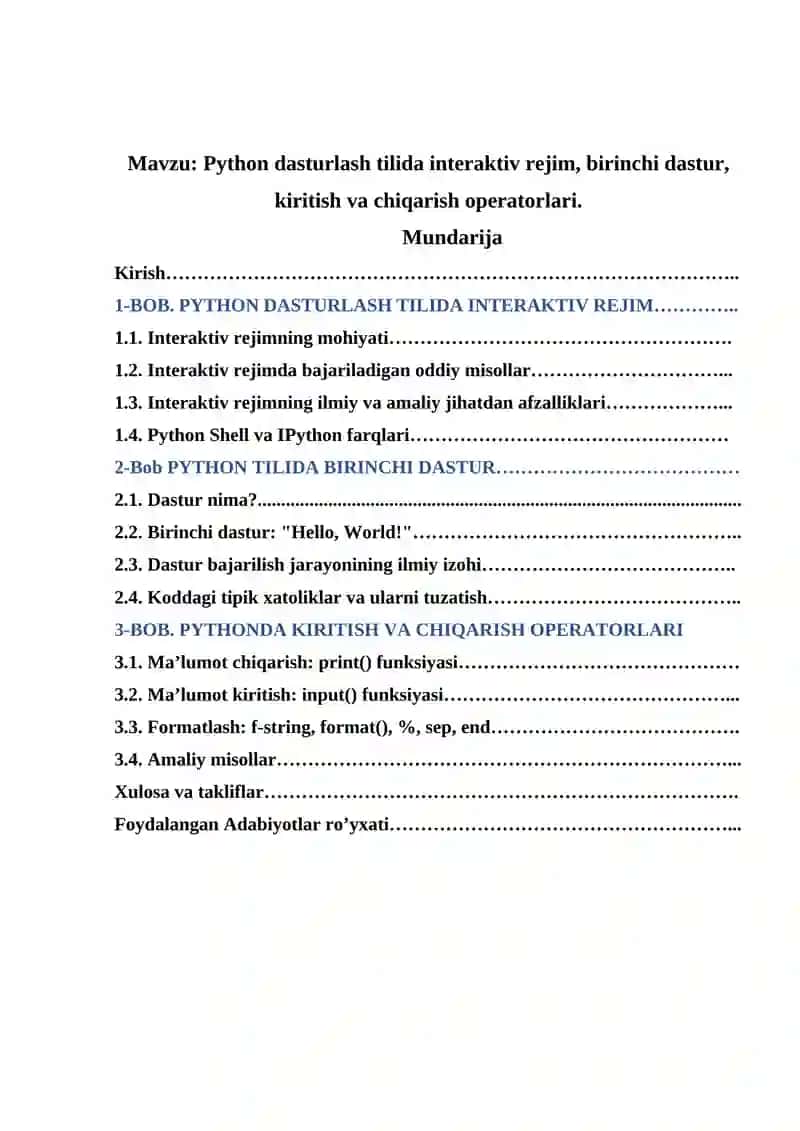 Python dasturlash tilida interaktiv rejim, birinchi dastur, kiritish va chiqarish operatorlari 2
