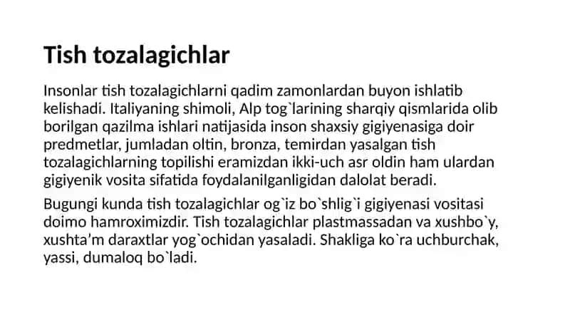Og'iz bo'shlig'i shaxsiy gigiyenasi yordamchi vositalari (tish kovlagichlar.  flosslar. chaynov rezinalari (saqichlar). irrigatorlar va h.k) 2