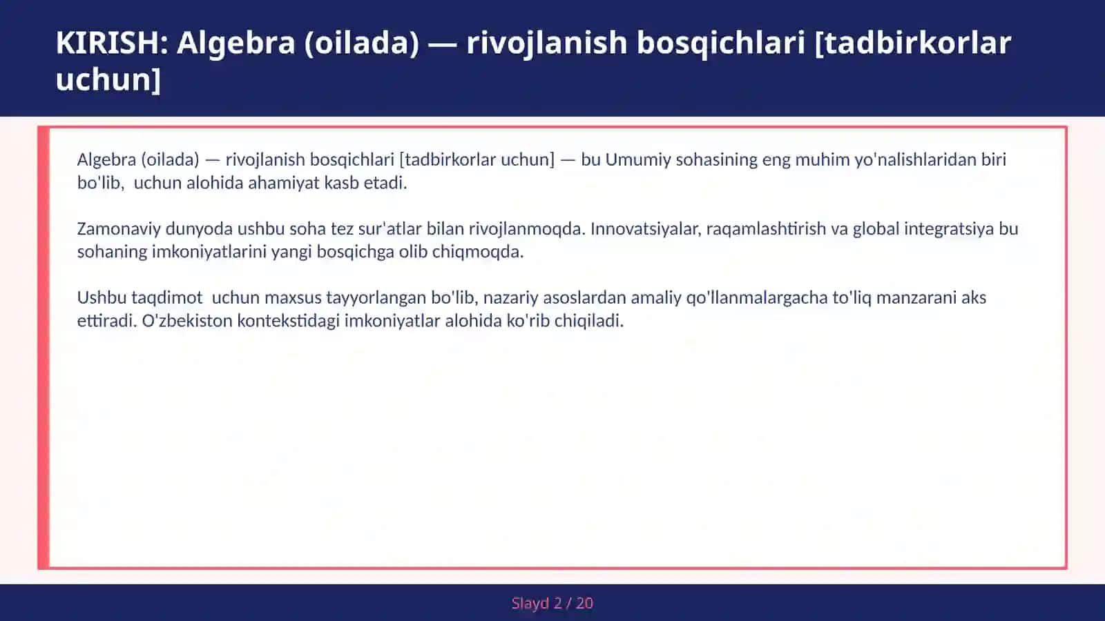 Algebra (Oilada) - Rivojlanish Bosqichlari [Tadbirkorlar Uchun] 2