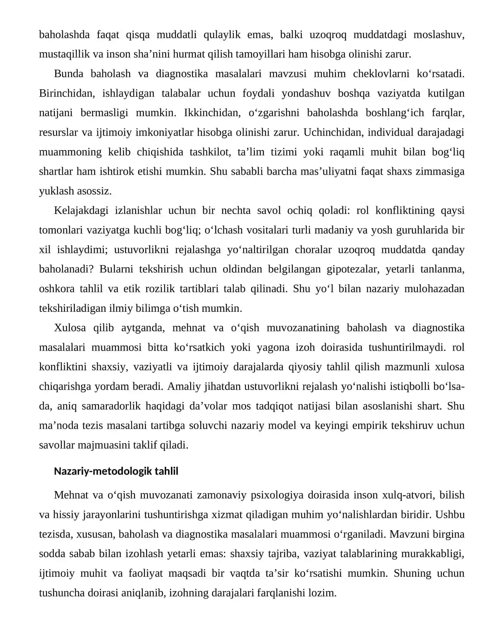 MEHNAT VA O‘QISH MUVOZANATI — BAHOLASH VA DIAGNOSTIKA MASALALARI 2