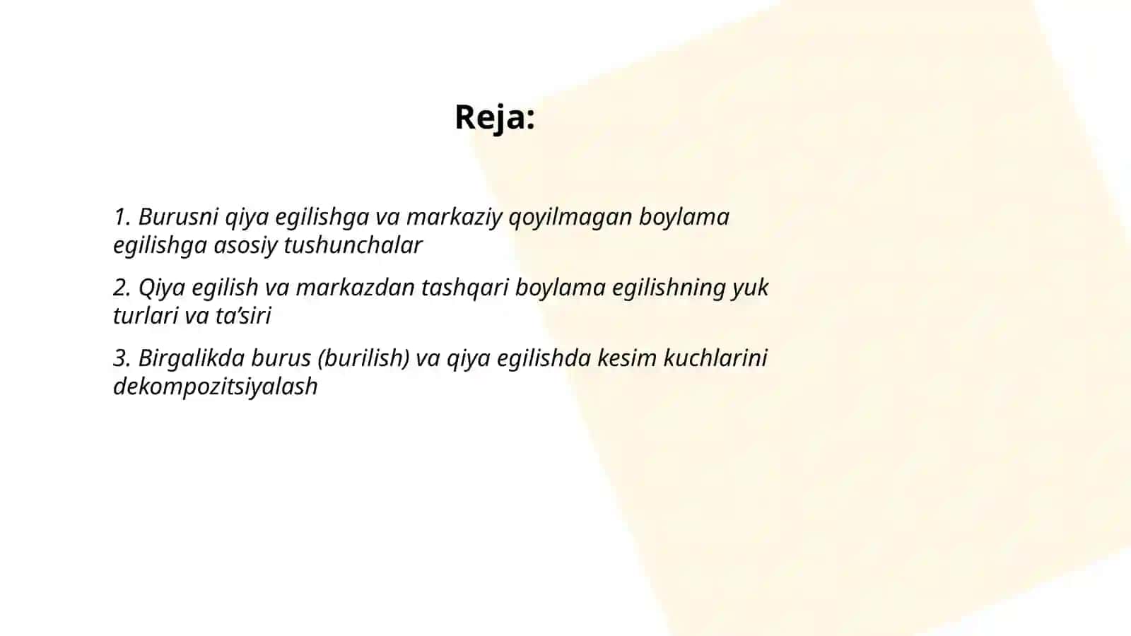 Burusni qiya egilishga va markaziy qoyilmagan boylama egilishga hisoblash 2
