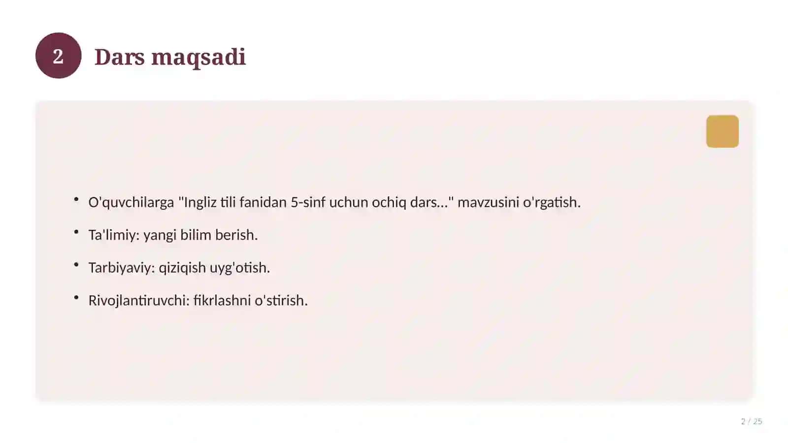Ingliz tili fanidan 5-sinf uchun ochiq dars ishlanmasi 2