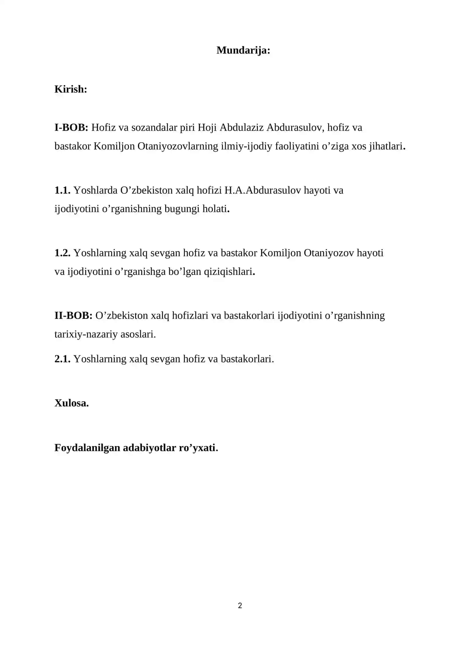 O’zbekiston xalq hofizlari va bastakorlari ijodiyotini o’rganish 2