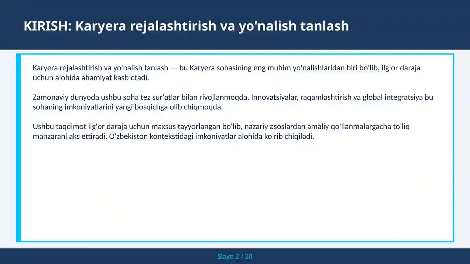 KARYERA REJALASHTIRISH VA YO'NALISH TANLASH 2