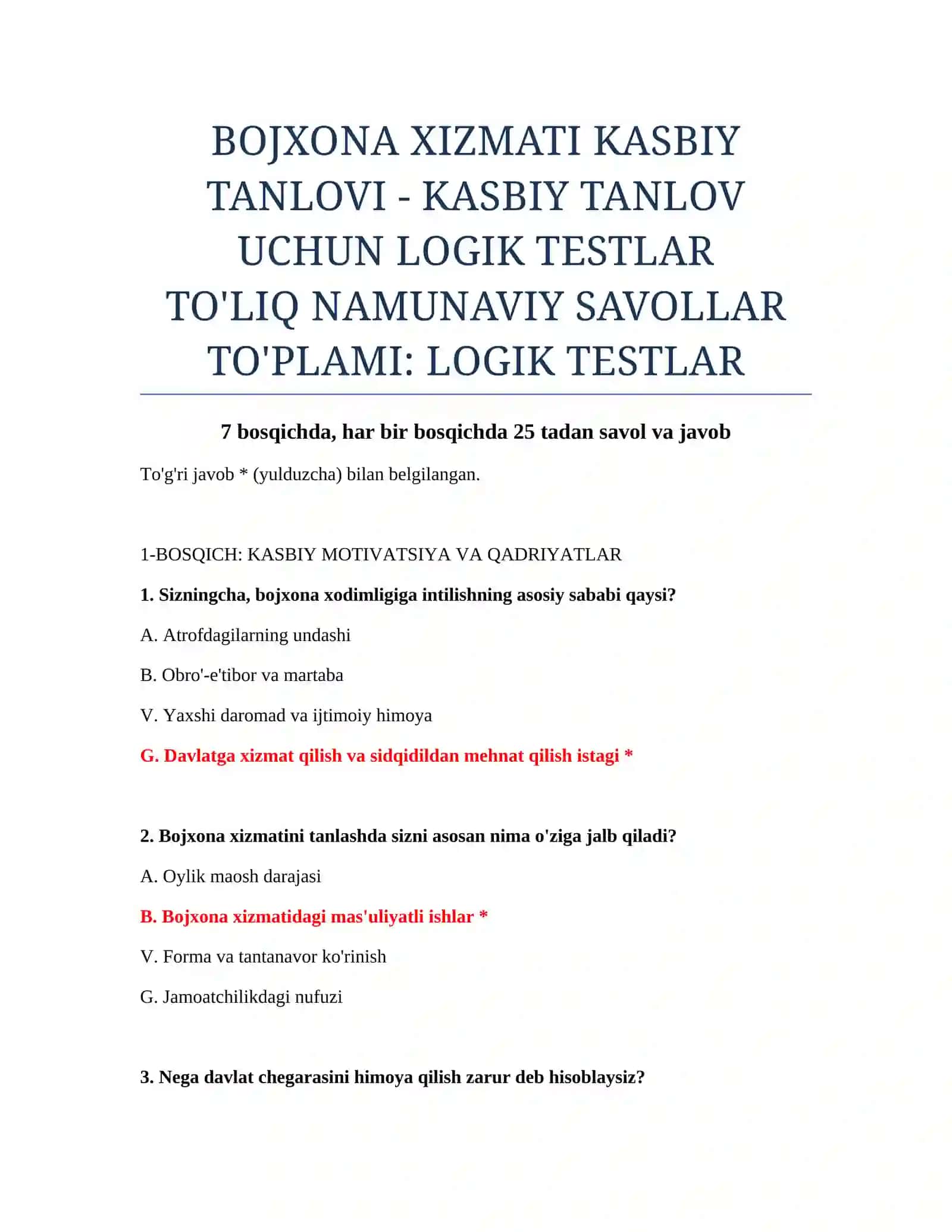 BOJXONA XIZMATI KASBIY TANLOVI - KASBIY TANLOV UCHUN LOGIK TESTLAR 2