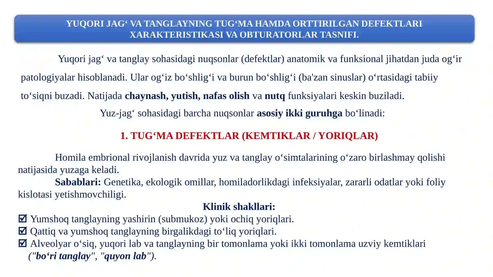 YUQORI JAG‘ VA TANGLAYNING ORTTIRILGAN HAMDA TUG‘MA DEFEKTLARINI ORTOPEDIK DAVOLASH 2