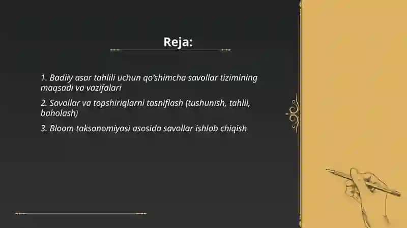 Badiiy asar tahliliga oid qoʻshimcha savol va topshiriqlar tizimini ishlab chiqish 2