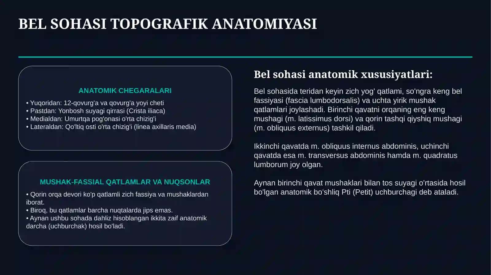 PTI UCHBURCHAGI VA BEL SOHASI CHURRALARI — ANATOMIYASI, TASHXISI VA DAVOLASH | 15 SLAYDLI TAQDIMOT 2