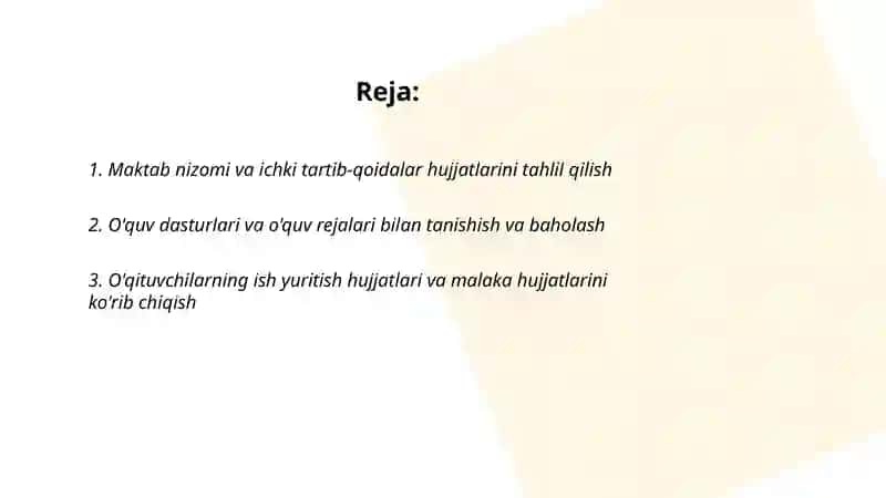 Umumiy o'rta ta'lim muassasalari ish hujjatlari bilan tanishish va tahlil qilish 2