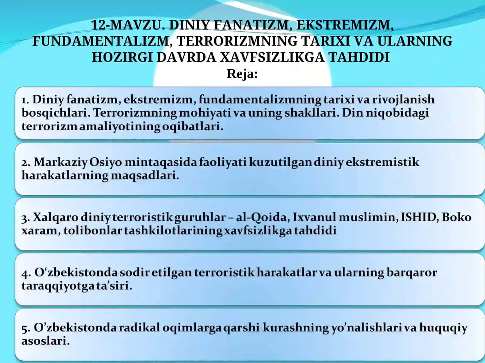 Diniy fanatizm, ekstremizm, fundamentalizm, terrorizmning tarixi va ularning hozirgi davrda xavfsizlikga tahdidi 2