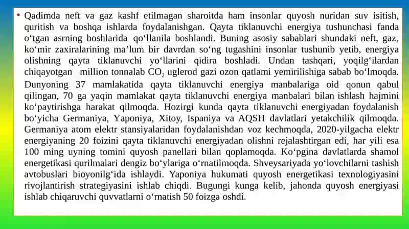 “YASHIL IQTISODIYOT “DA QAYTA TIKLANUVCHI ENERGIYANING JORIY ETILISHI. 2