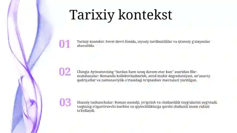 Chingiz Aytmatovning "Asrga Tatigulik Kun" Asaridan Olgan Taassurotlarim Haqida Slayd 2