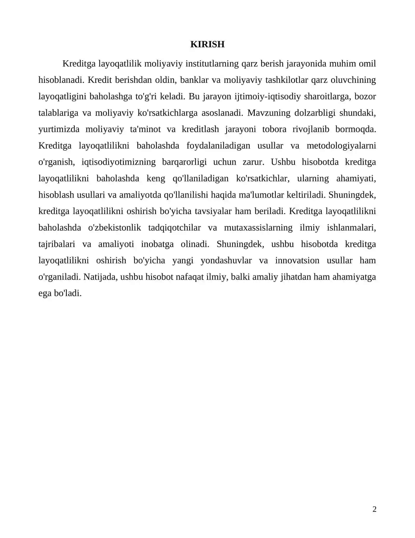 Kreditga layoqatlilikni o'rganish va baholash usullari 2