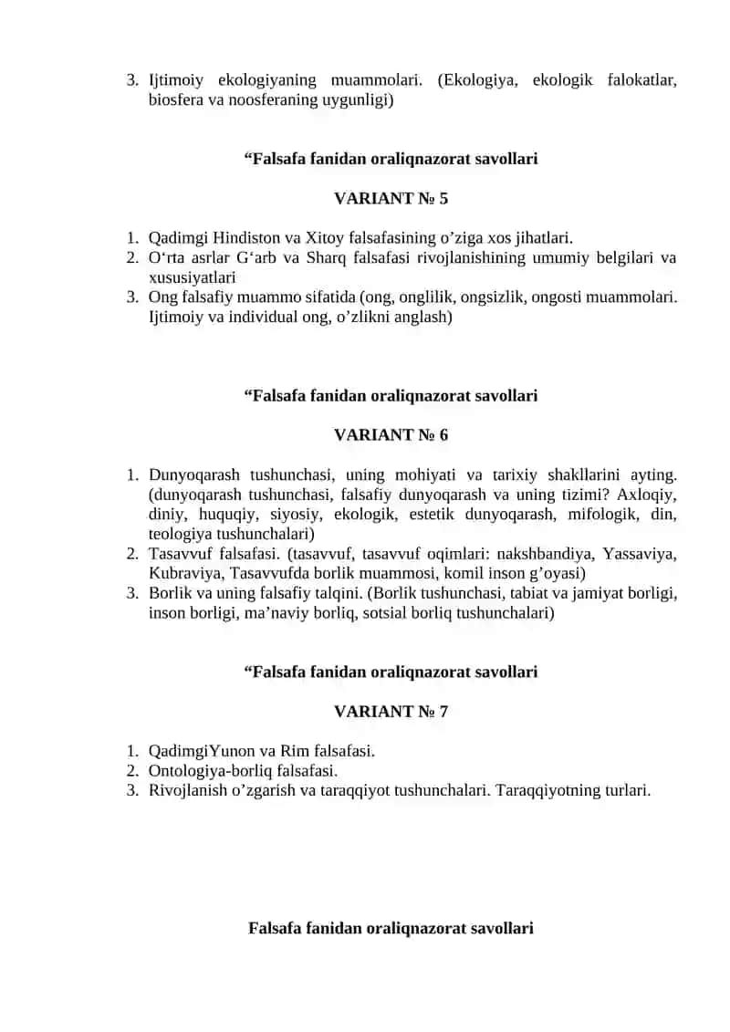 Falsafa fanidan oraliq nazorat savollari VARIANT № 4 2
