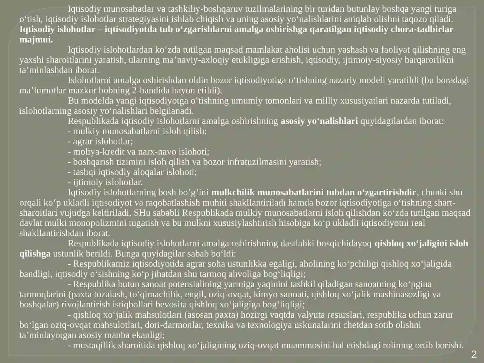 Iqtisodiy islohotlar, xususiy mulkchilikning shakllanishi 2