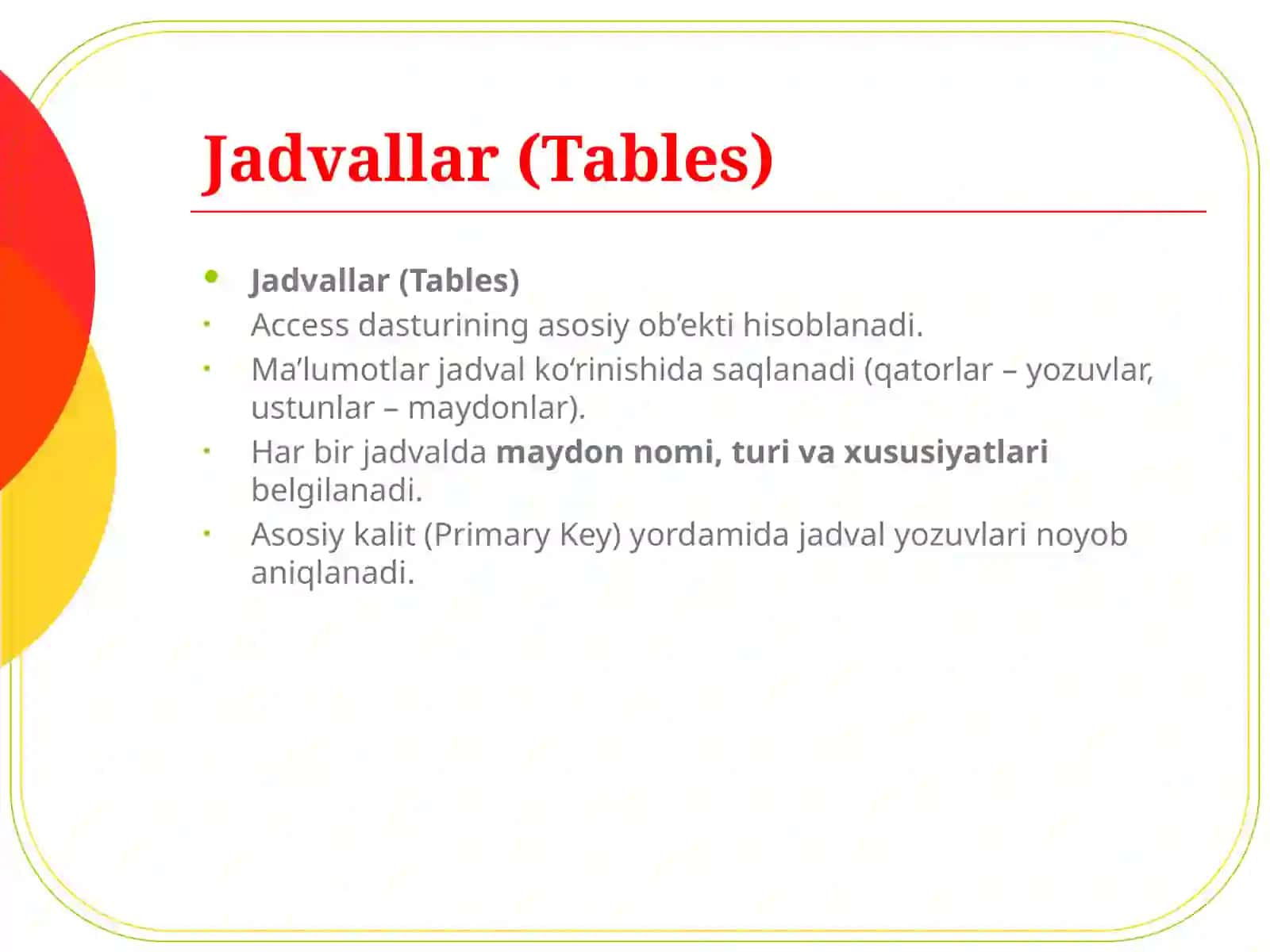 Microsoft Access dasturining asosiy ob’ektlari 2