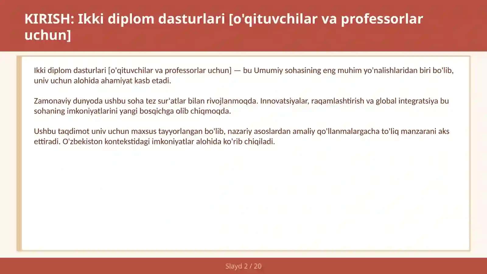 Ikki diplom dasturlari [o'qituvchilar va professorlar uchun] 2
