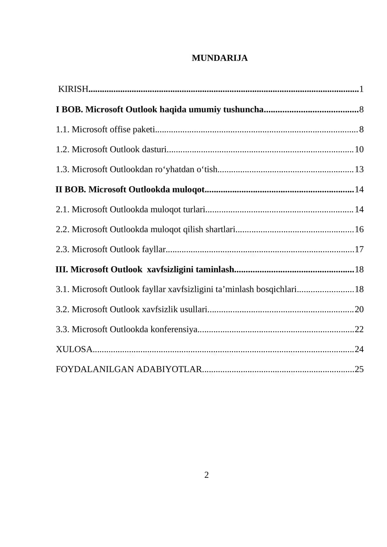 “OUTLOOK PAKETINING ASOSIY FUNKTSIYALARI” 2
