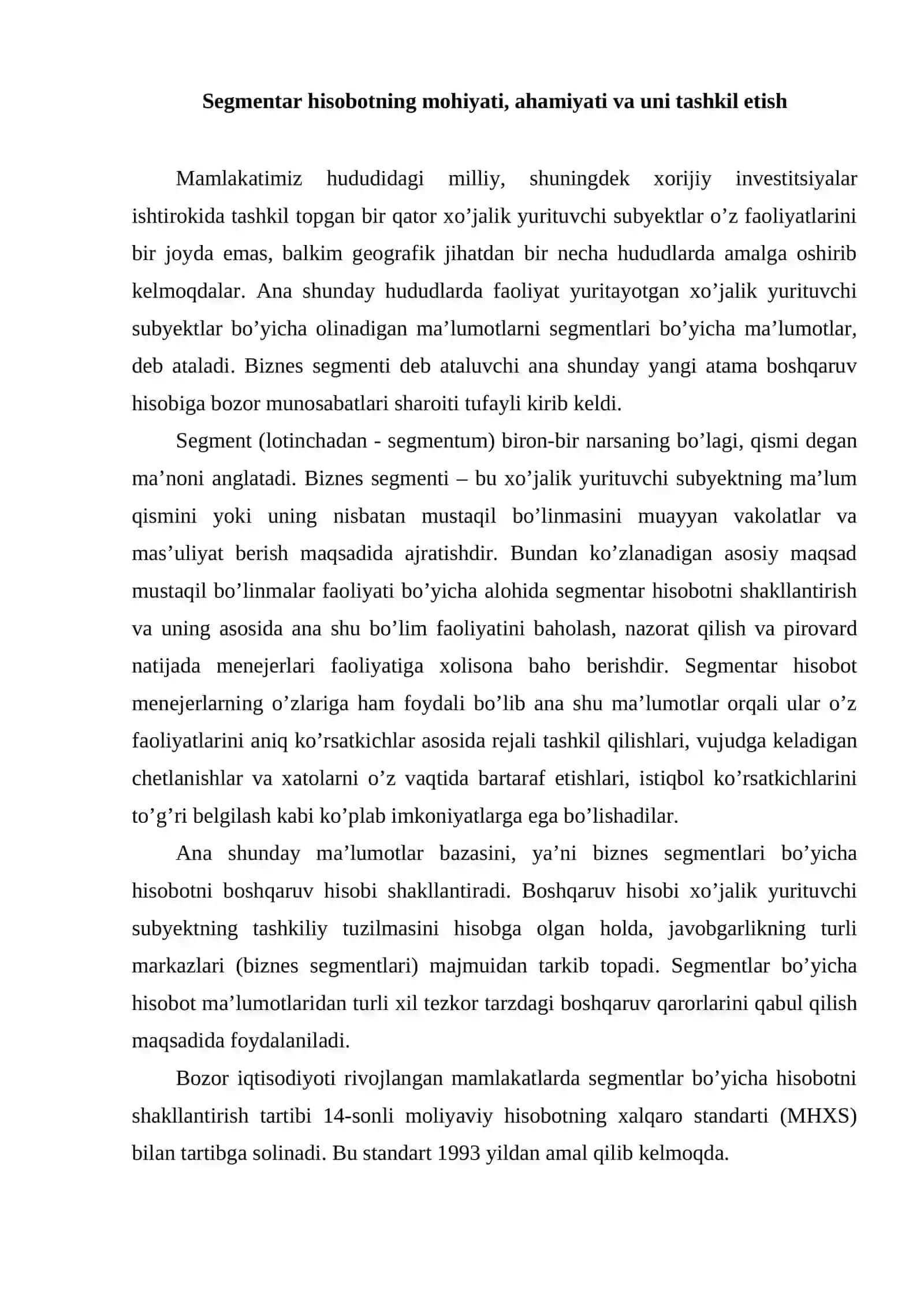 Segmentar hisobotning mohiyati, ahamiyati va uni tashkil etish 2