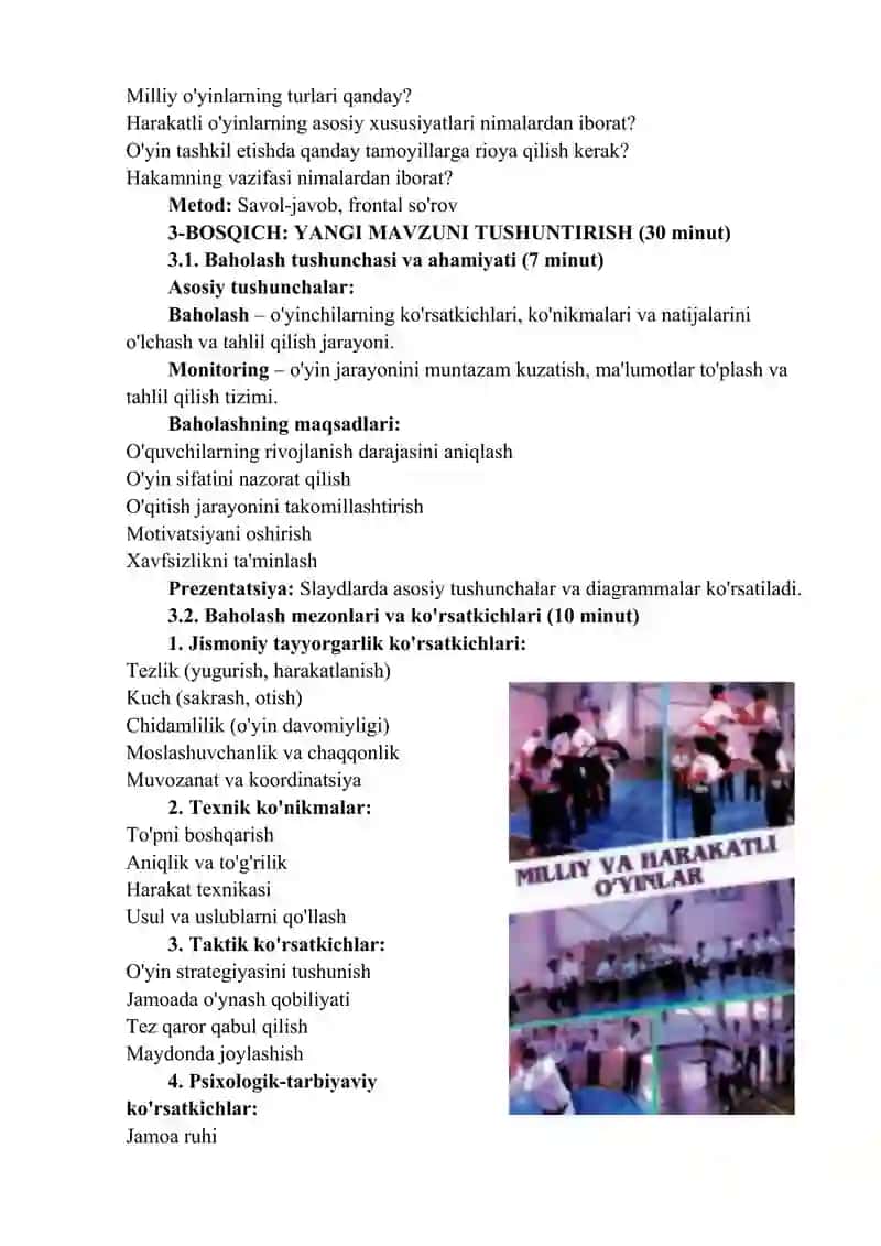 Milliy va harakatli o‘yinlarni baholash va monitoring qilish metodikasi 2
