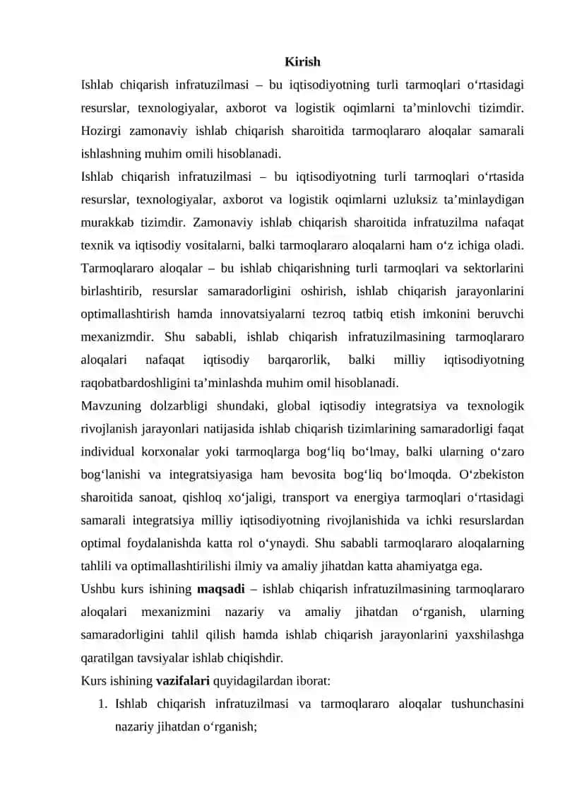 Ishlab chiqarish infratuzilmasining tarmoqlararo aloqalari 2