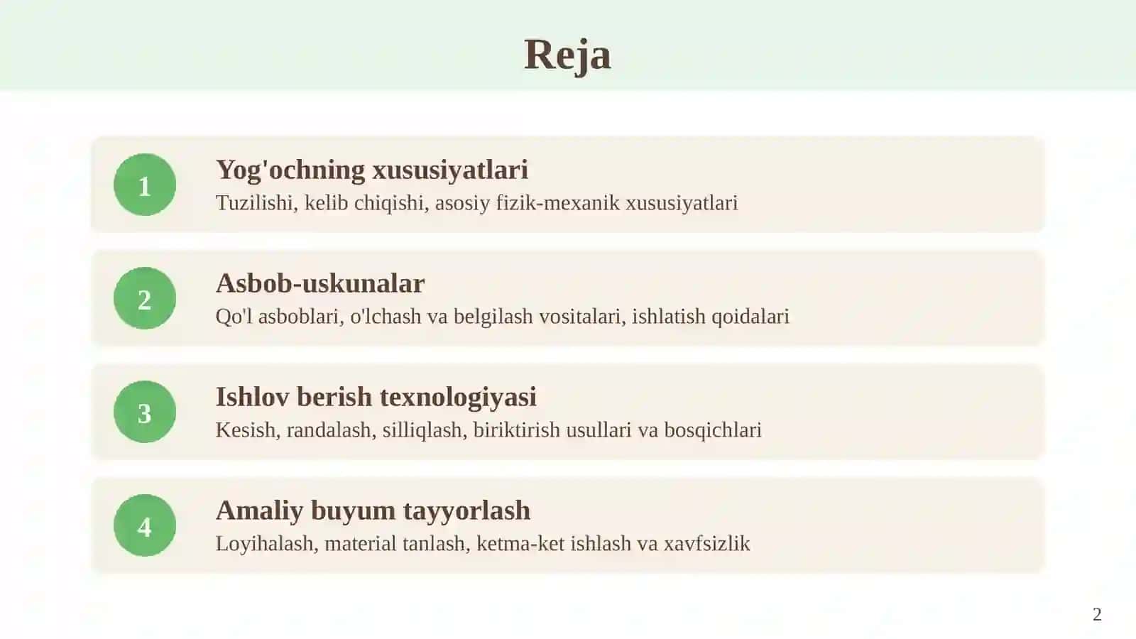 Yog'ochga ishlov berish texnologiyasi va buyumlar tayyorlash 2