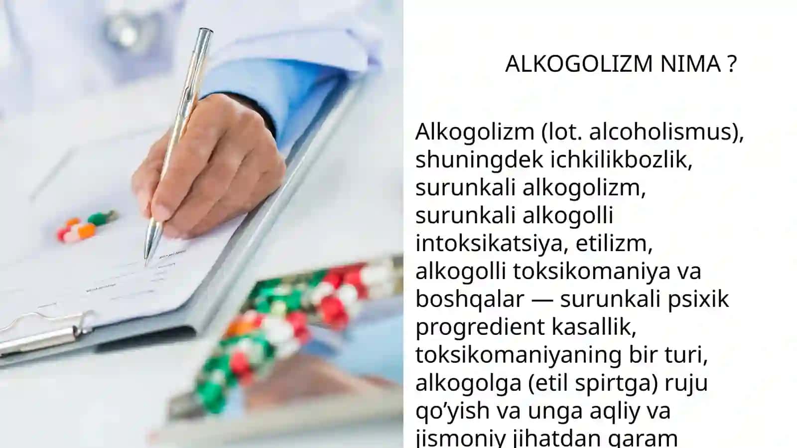 ALKOGOLIZM - ETILOGIYASI, BOSQICHLARI, ZARARLARI, TASHXISLASH, ICHKILIKBOZLIKNI DAVOLASH 2